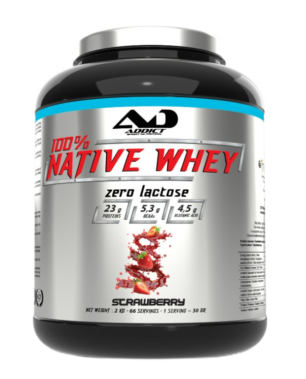 Addict Sport Nutrition - 100% Native Whey Laktosefri, Jordbær + 2000 g