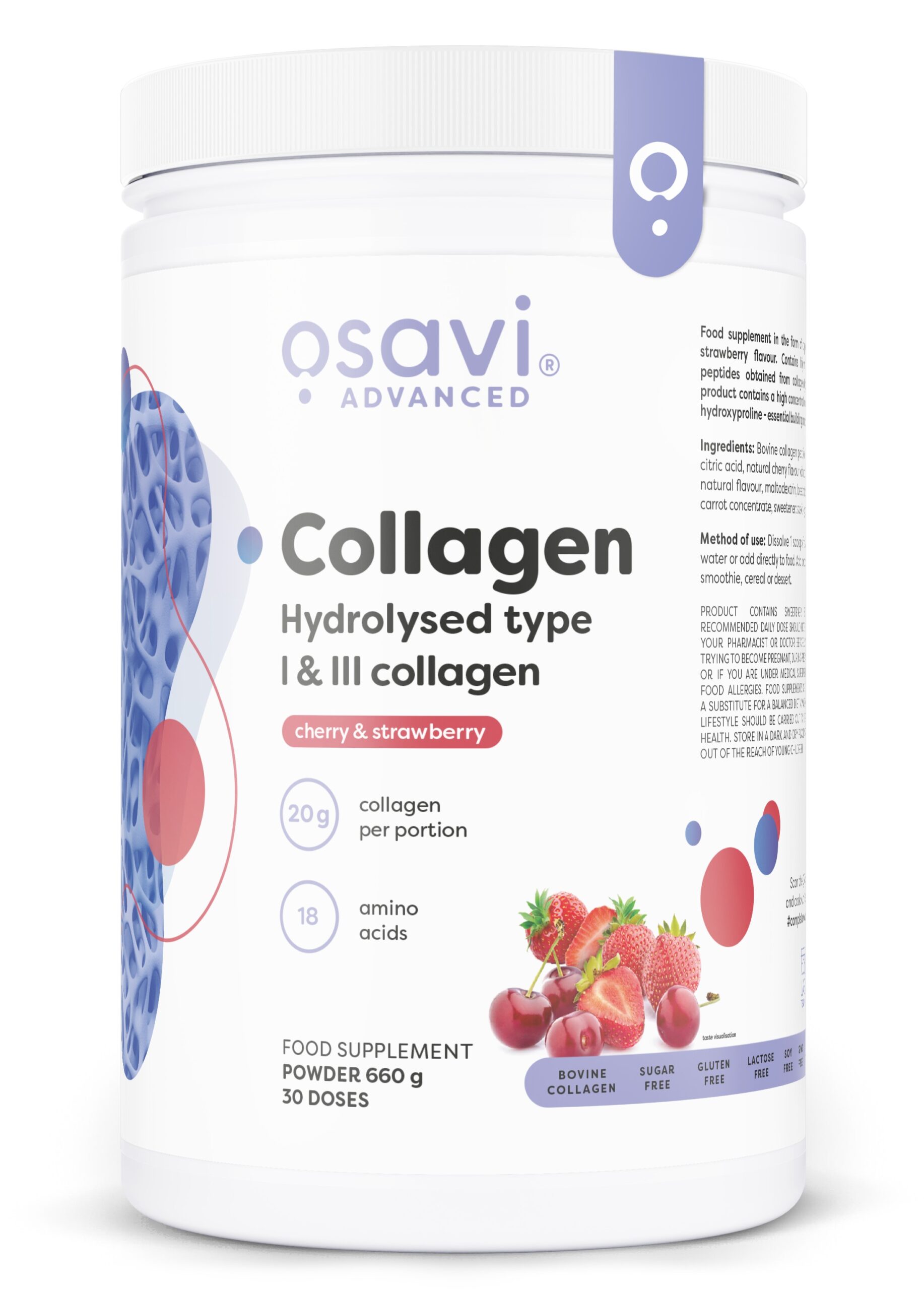 Osavi - Kollagen hydrolyseret type I og III, kirsebær og jordbær + 660 g