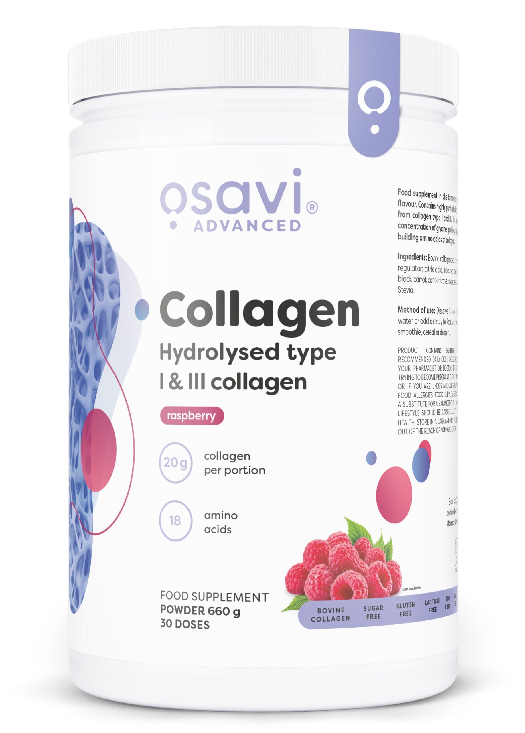 Osavi - Hydrolyseret kollagen type I og III, hindbær 660 g