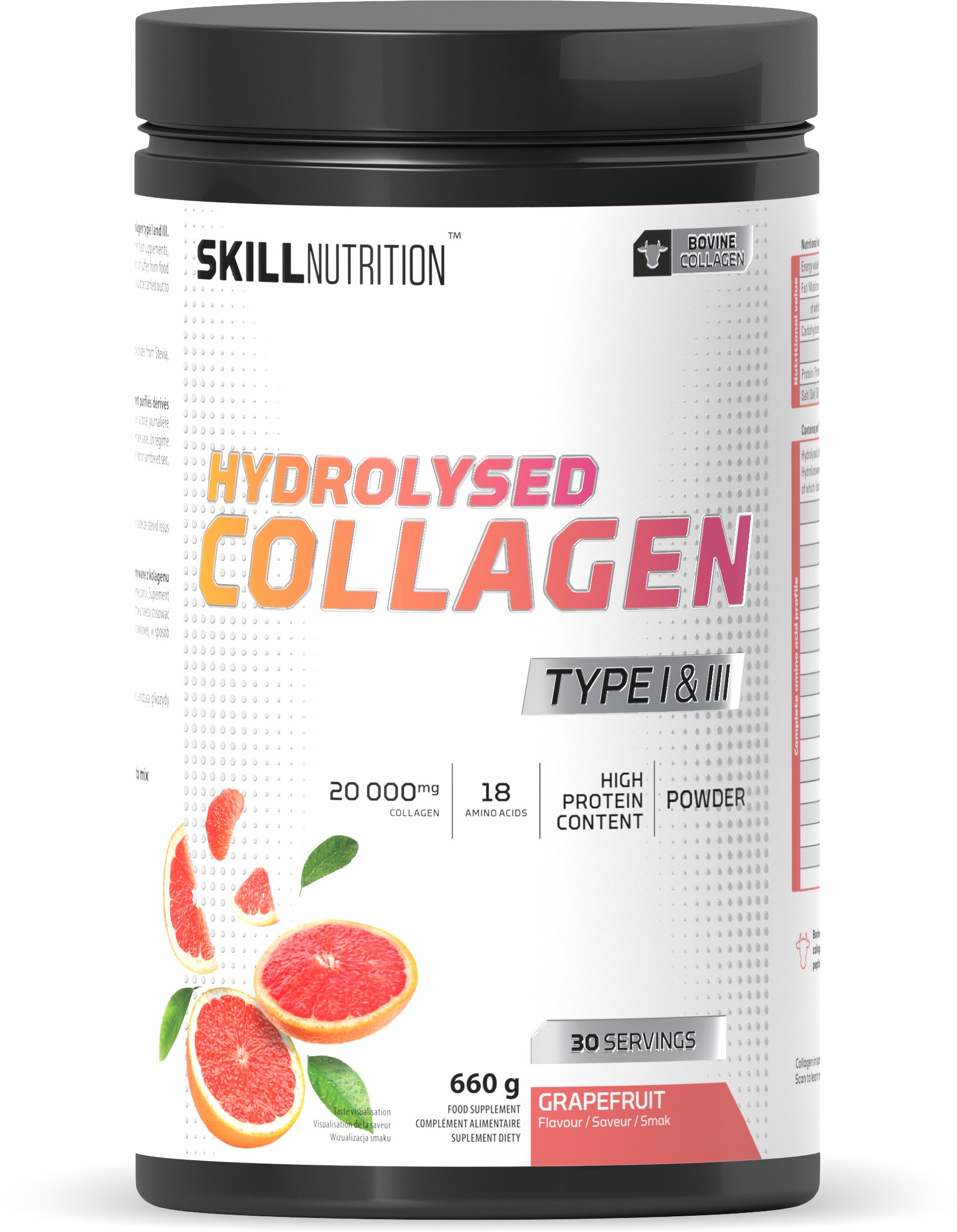 Skill Nutrition - Hydrolyseret kollagen type I og III, grapefrugt + 660g