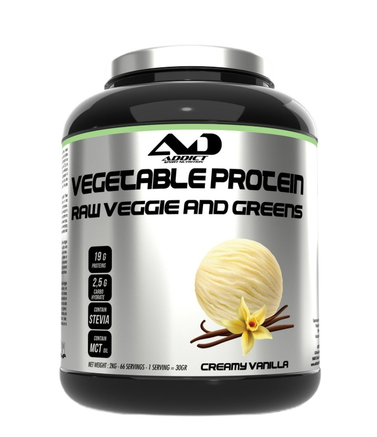 Addict Sport Nutrition - Grøntsagsprotein, rå grøntsager og grønne blade, kremet vanilje + 2000 g