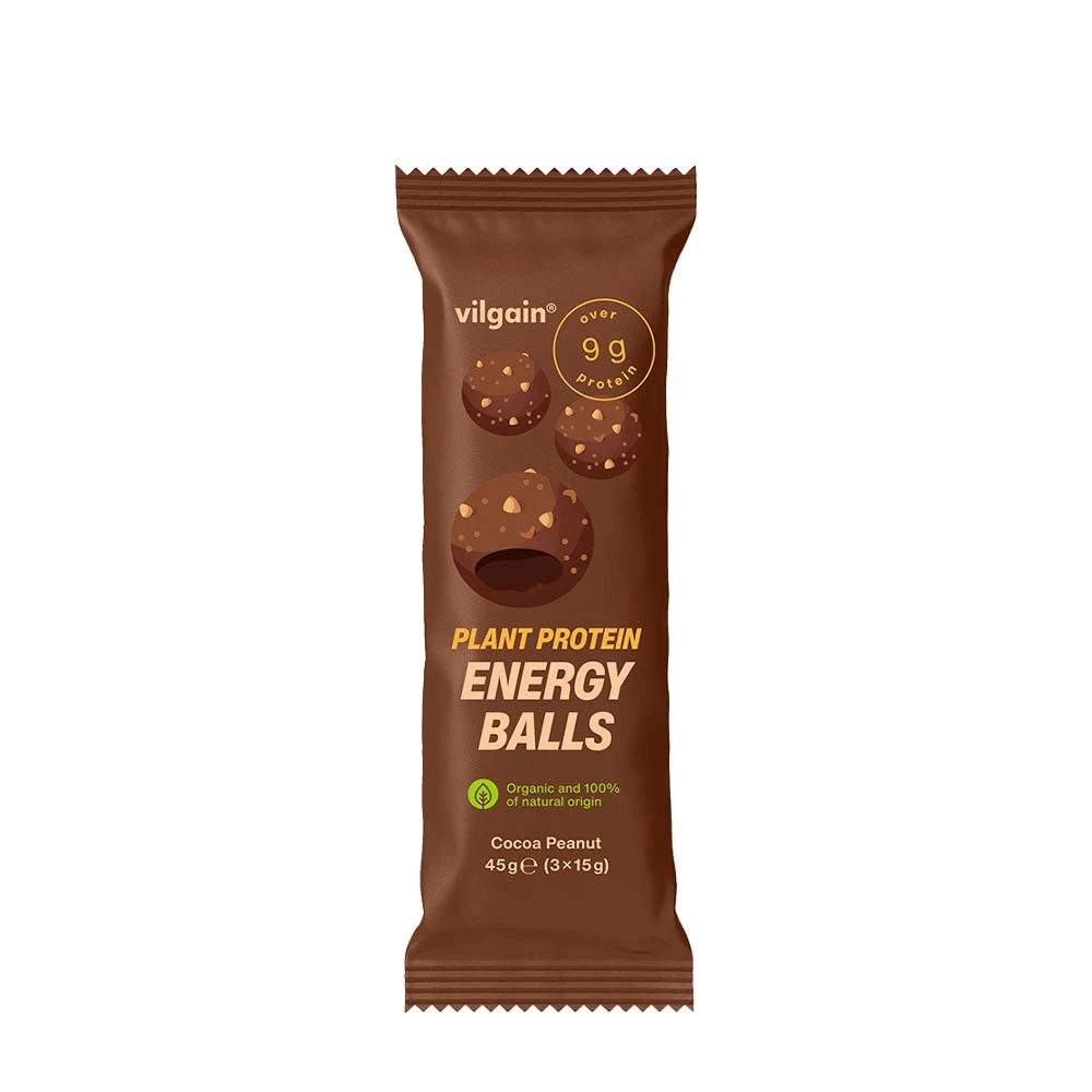 Vilgain - Økologiske planteprotein-energikugler, kakao og jordnød (45 g)