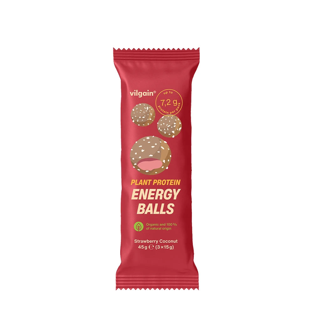 Vilgain - Økologiske planteprotein-energikugler, jordbær-kokos (45 g)