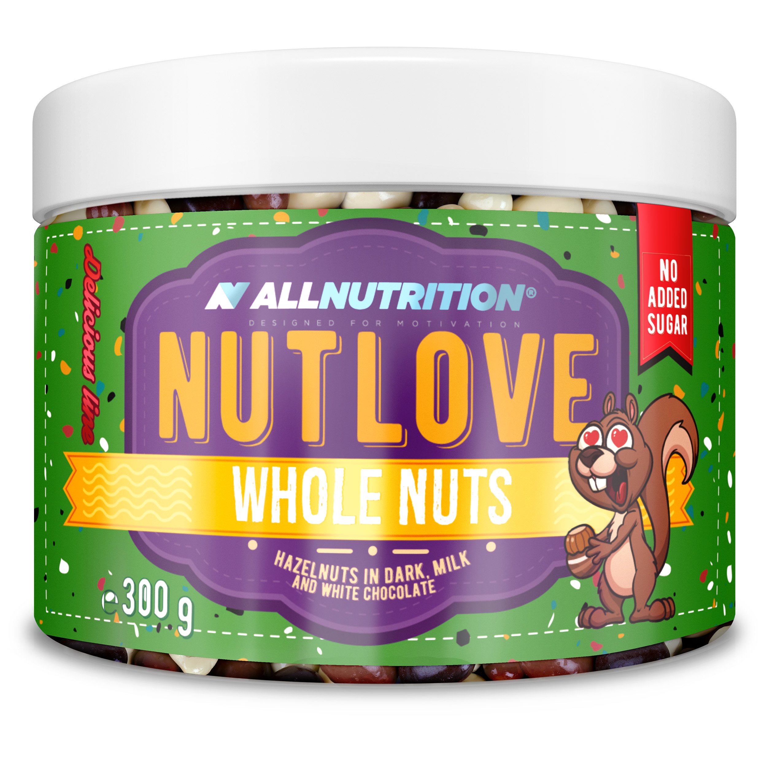 Allnutrition - Nutlove Whole Nuts Hasselnødder i Mørk, Mælke- og Hvid Chokolade 300g